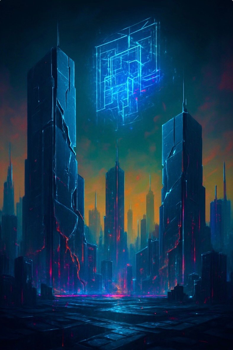 Digital artwork of a futuristic cityscape featuring tall buildings and neon blue elements in a dark atmosphere.